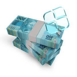 Pilha de notas de cem reais com símbolo do Pix