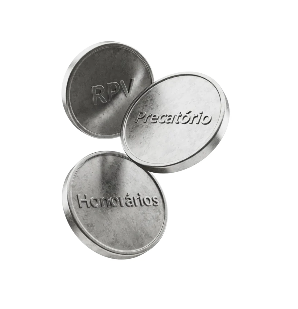 Moedas de metal com inscrições RPV, Precatório e Honorários.